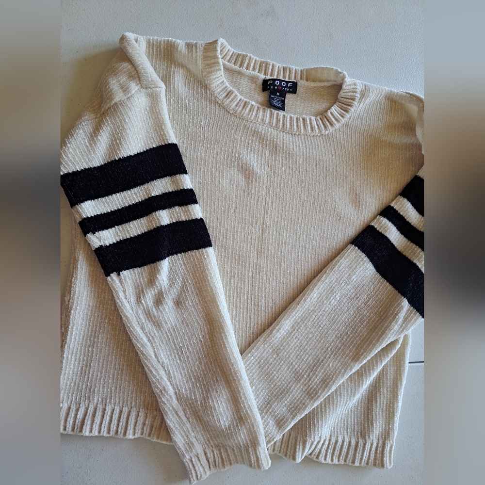 POOF New York Cream Sweater with Black Sleeve Stripes - Picture 3 of 4